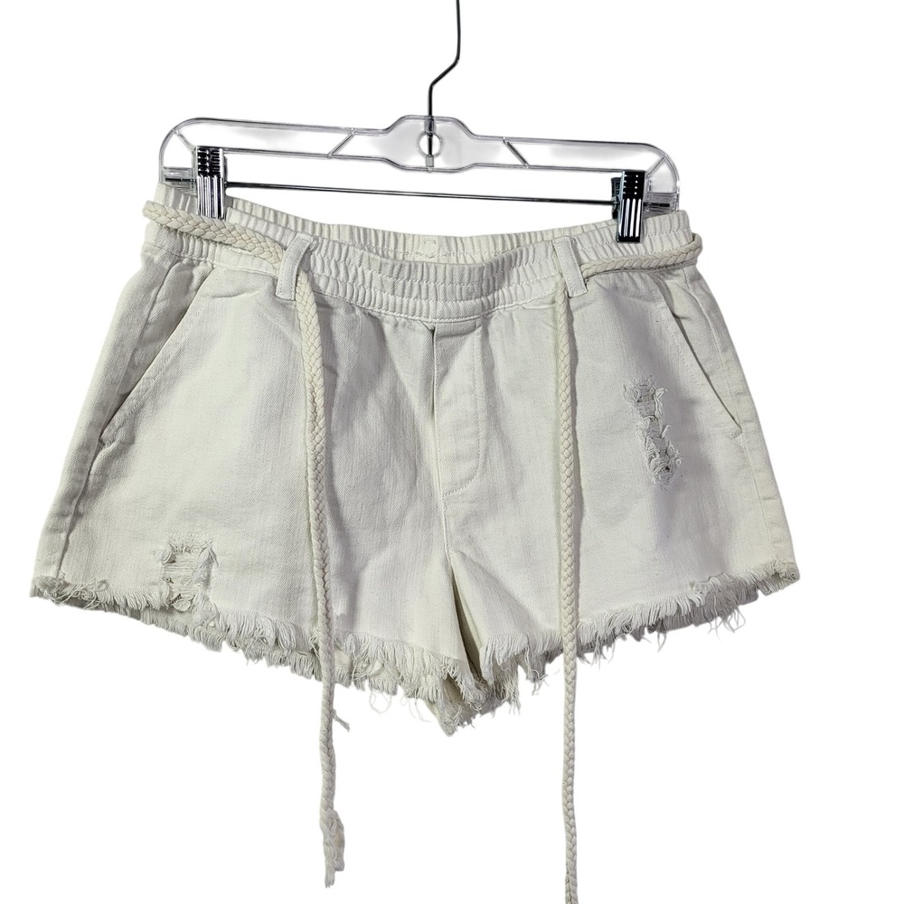 Aerie Womens Distressed White Denim Shorts Medium Elastic Waist Rope Tie Casual